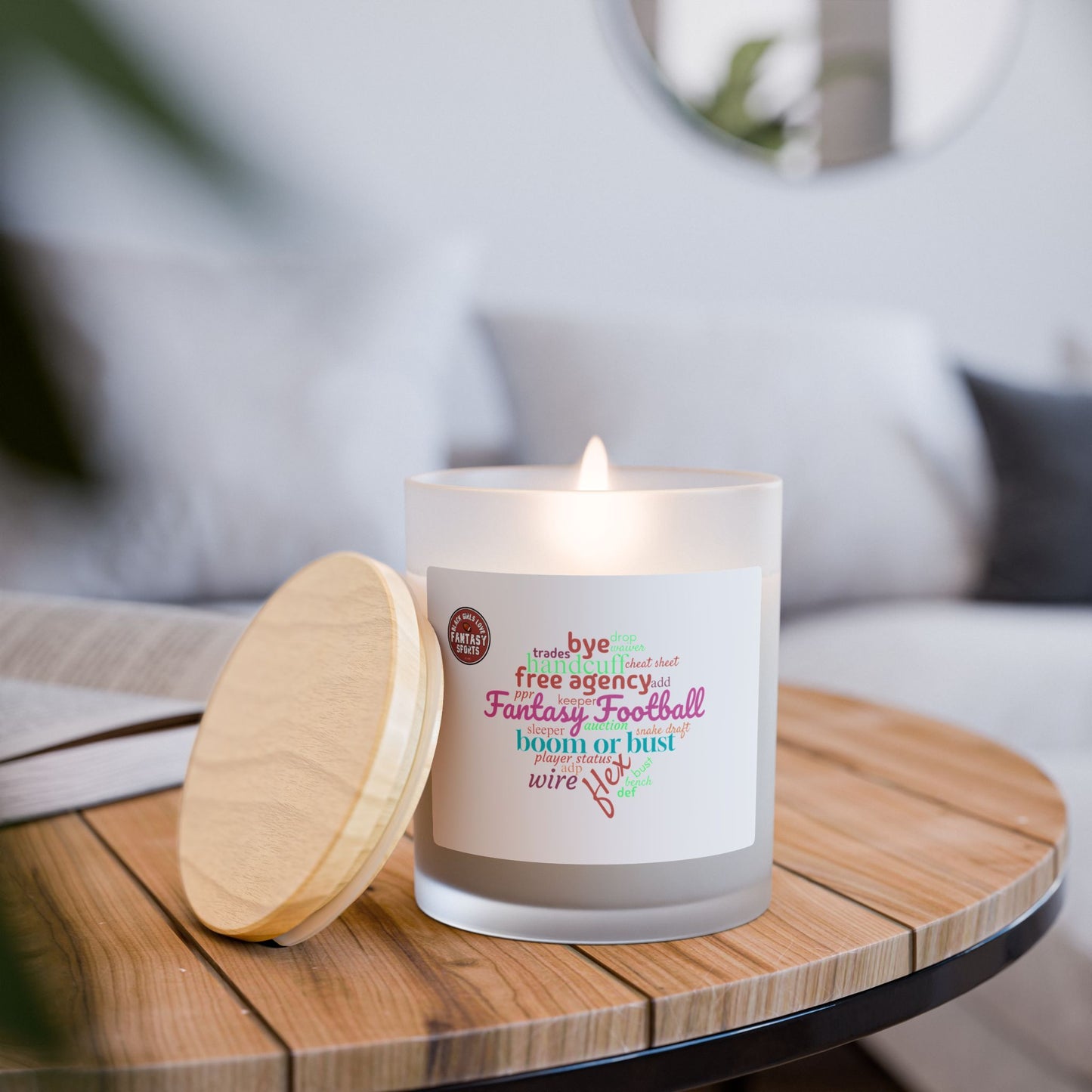 BGLFantasy Sports Wordcloud Frosted Glass Candle, 11oz
